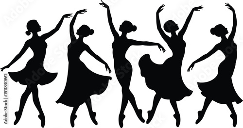 Graceful ballet dancer silhouettes, elegant women dance poses vector set for poster branding illustration fitness yoga creative design