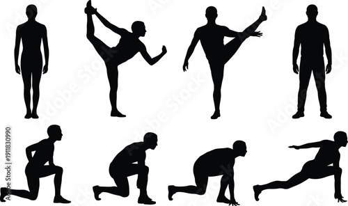Fitness stretching athlete silhouette set, yoga warmup exercise poses, active body outline vector pack for workout training poster design