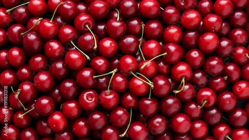 Freshly harvested pile of vibrant red cherries with stems attached