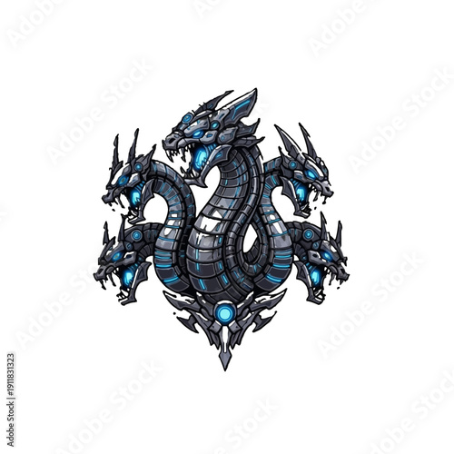 Menacing Three-Headed Mechanical Hydra with Blue Glow on Isolated White Background, Futuristic Cyborg Dragon Creature