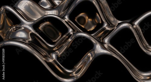 Abstract 3D rendering of flowing metallic liquid waves with reflective surfaces, creating a dark, organic, and futuristic background.