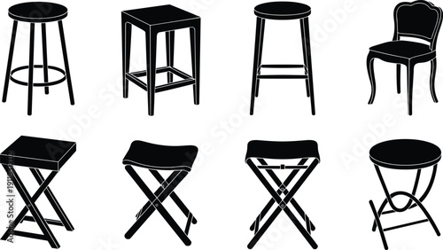 Modern stool chair silhouette set, bar seating furniture collection, folding round square seats outline vector pack for interior design