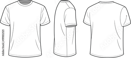 White t shirts front and back views with side view front view