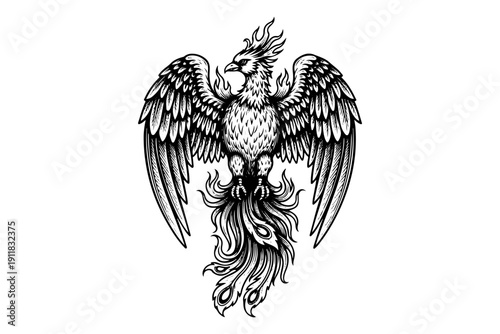 Mythical phoenix bird engraving, antique fire bird sketch and fantasy creature illustration in vintage woodcut style isolated