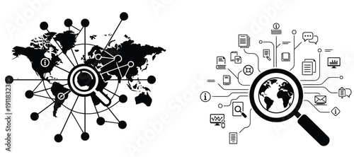 Vector silhouette illustrations of global connections and data analysis