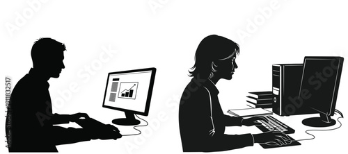 Vector silhouette of two people working on computers