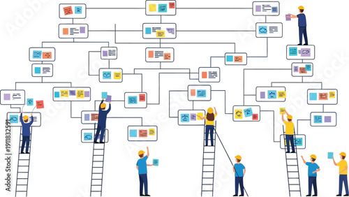 Collaborative workers constructing complex flowchart with multiple interconnected elements and vibrant colors
