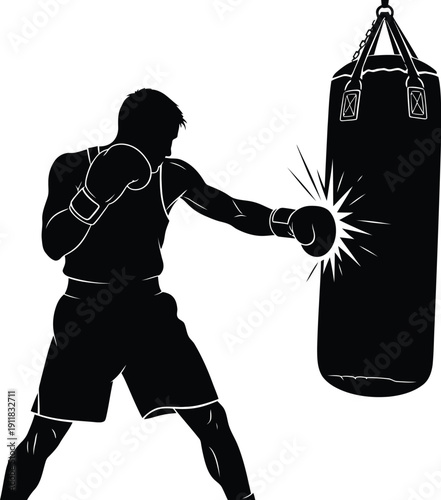 Man in boxing stance punching a heavy bag with focus and determination displayed
