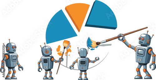 Team of robots collaboratively painting a pie chart with vibrant colors and creative design