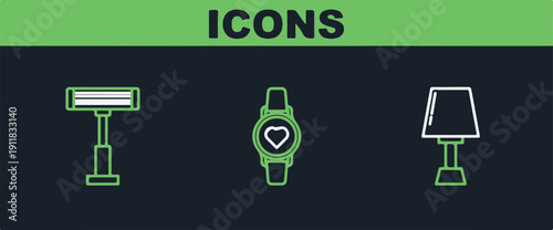 Set line Table lamp Electric heater and Smart watch showing heart beat rate icon. Vector.