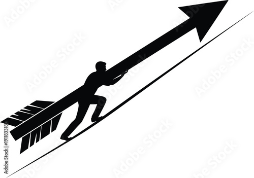 Confident businessman pushing a large arrow upwards symbolizing progress and determination in business