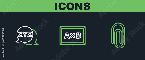 Set line Paper clip XYZ Coordinate system and Chalkboard icon. Vector.