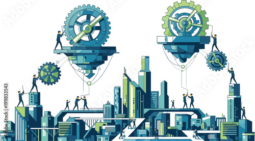 Team of business professionals collaborating to turn gears in a futuristic cityscape together seamlessly