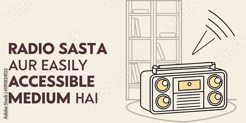 Detailed line drawing shows a portable boombox emitting sound waves next to a partially visible shelving unit in a room.