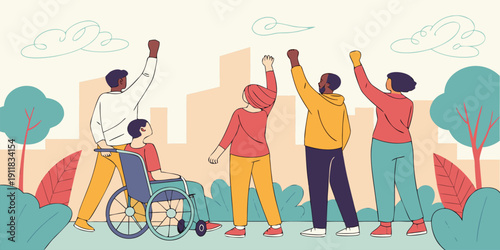 Diverse group of people standing together outdoors with raised fists symbolizing unity, advocacy, and social solidarity in an urban park setting.