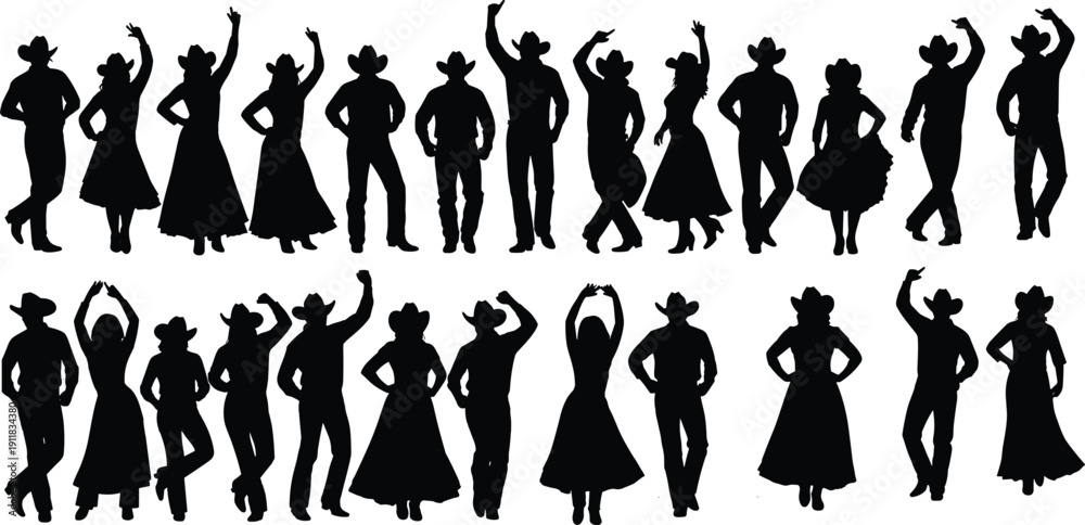 Fototapeta premium Black Silhouette Cowboy and Cowgirl Collection Featuring Country Dance Positions and Western Wear Isolated on White Background for Rodeo Vector Design