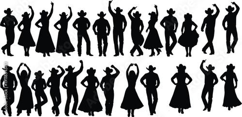 Black Silhouette Cowboy and Cowgirl Collection Featuring Country Dance Positions and Western Wear Isolated on White Background for Rodeo Vector Design