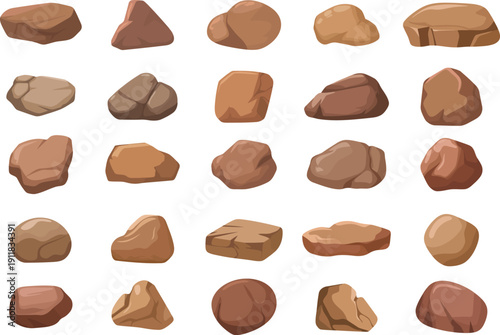 A collection of various brown and reddish brown cartoon rocks arranged on a white background