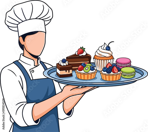 Chef holding a tray with assorted cupcakes and desserts for serving