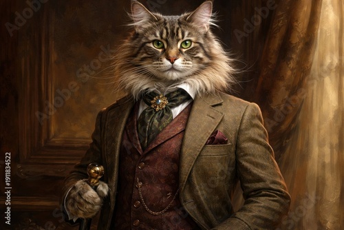 Regal feline portrait in suit.