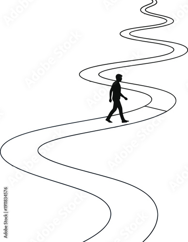 Man walking confidently on a winding blue pathway towards success and achievement
