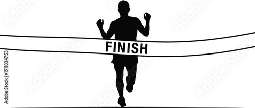 Silhouetted male runner crossing the finish line with arms raised in triumph and celebration