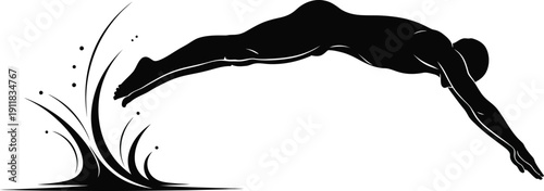 Male swimmer dives into the water with precision and athleticism displayed in a dynamic graphic