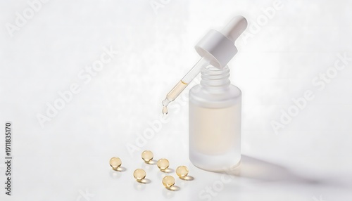 Minimalist Skincare Serum Bottle with Droplets and Soft Light Background