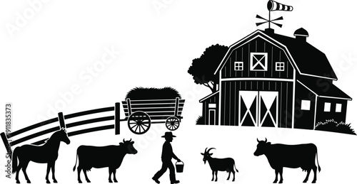 Black silhouette illustration of a rural farm scene featuring a rustic barn, a farmer carrying a bucket, a horse, cows, a goat, and wagon.