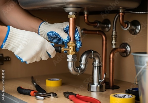 Professional plumber fixing leaking pipes under kitchen sink using tools