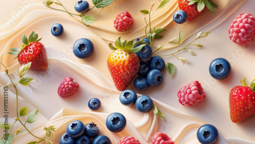 Elegant flat lay of fresh summer berries on a flowing cream background.