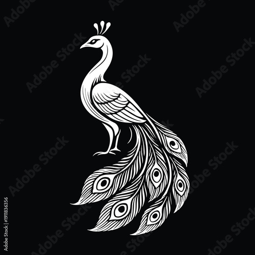 Elegant monochromatic white silhouette of a peacock against solid black background, featuring slender curved body with detailed wing feathers and  small crested head with sharp beak