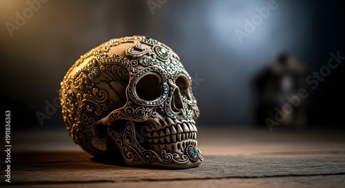 A highly ornate skull with intricate designs and gemstones on a wooden surface