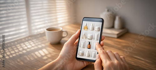 Hands holding smartphone with skincare shopping interface, soft sunlight through blinds and coffee cup on desk, showing e-commerce browsing, digital retail, and mobile purchasing.