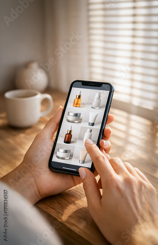 Close-up of hands using a smartphone shopping app with cosmetic products in a grid, warm morning light on wooden table, representing mobile commerce and online beauty retail.