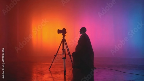Silhouette of a person operating a camera on a tripod with vibrant colored lights in the background.