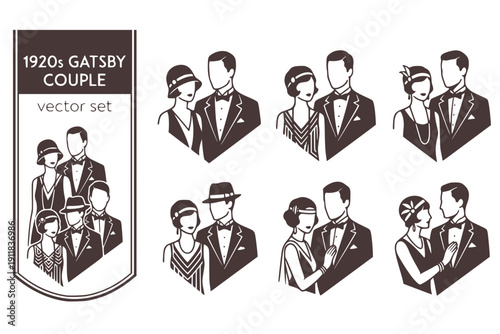 1920s Gatsby Couple Vintage-Couple Art-Deco-Fashion Evening-Wear Roaring-Twenties Gatsby-Style 1920s-Fashion Vintage-Style Vector Set - Gatsby Vintage