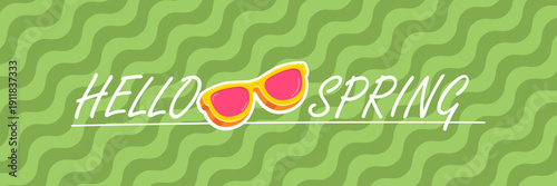 Hello Spring vector banner with text and retro yellow sunglasses isolated on green stripped wave background. Hello Spring poster design template with cartoon sunglasses, retro rainbow, good vibes