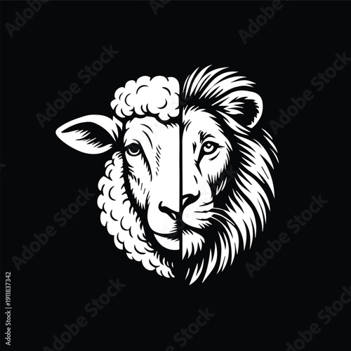 Duality Concept - Half Sheep Half Lion Hybrid Face with Fluffy Wool and Flowing Mane