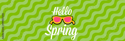 Hello Spring vector banner with text and retro yellow sunglasses isolated on green stripped wave background. Hello Spring poster design template with cartoon sunglasses, retro rainbow, good vibes