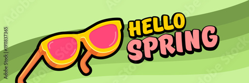 Hello Spring vector banner with text and retro yellow sunglasses isolated on green stripped wave background. Hello Spring poster design template with cartoon sunglasses, retro rainbow, good vibes