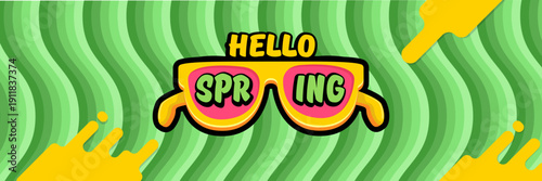 Hello Spring vector banner with text and retro yellow sunglasses isolated on green stripped wave background. Hello Spring poster design template with cartoon sunglasses, retro rainbow, good vibes