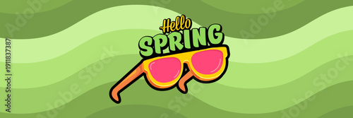 Hello Spring vector banner with text and retro yellow sunglasses isolated on green stripped wave background. Hello Spring poster design template with cartoon sunglasses, retro rainbow, good vibes