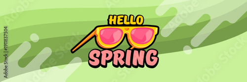 Hello Spring vector banner with text and retro yellow sunglasses isolated on green stripped wave background. Hello Spring poster design template with cartoon sunglasses, retro rainbow, good vibes