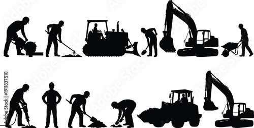 Construction Worker Silhouette Set with Heavy Machinery, Industrial Water Tower Infrastructure Collection, and New York City Skyline Fireworks Celebration for Urban Development and Festive