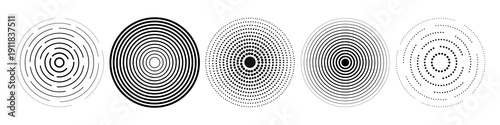 Black concentric radial ring set with sonar sound wave circles, halftone and linear target epicentre symbols, ripple vibration elements, clean vector radar pattern collection