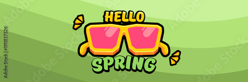 Hello Spring vector banner with text and retro yellow sunglasses isolated on green stripped wave background. Hello Spring poster design template with cartoon sunglasses, retro rainbow, good vibes