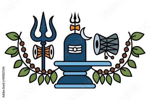 Shivling, Trishul, and Damru flat icon. Lord Shiva worship elements.