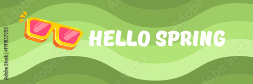 Hello Spring vector banner with text and retro yellow sunglasses isolated on green stripped wave background. Hello Spring poster design template with cartoon sunglasses, retro rainbow, good vibes
