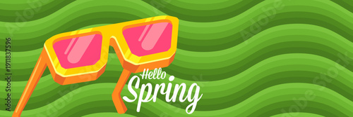 Hello Spring vector banner with text and retro yellow sunglasses isolated on green stripped wave background. Hello Spring poster design template with cartoon sunglasses, retro rainbow, good vibes